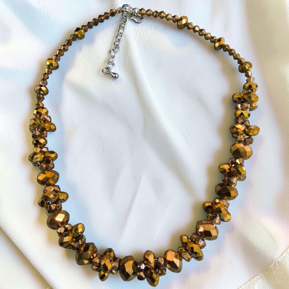 Copper Bronze Faceted Glass Cluster Statement Necklace AB Sparkle